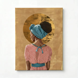 Black woman crown stretched canvas with gallery wrap, ready to hang. Black woman with teal headwrap and gold halo. Digital mockup.