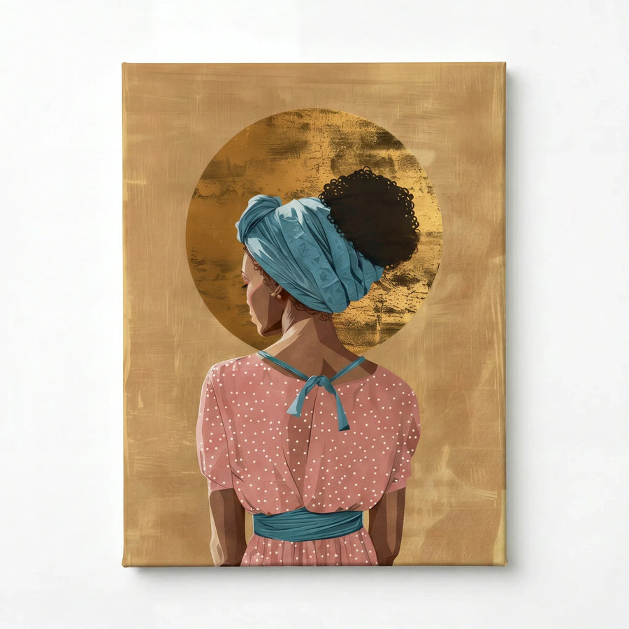 Golden Crown stretched canvas with gallery wrap edges, Afro boho living room art. Digital mockup.