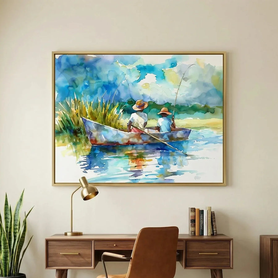 Gullah Geechee art in modern home office with walnut desk and African statue, two Black boys fishing in creek watercolor. Digital mockup.