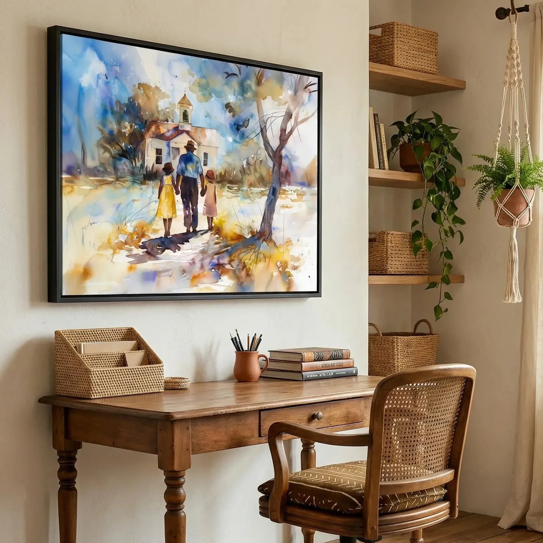 Gullah Geechee art in vintage farmhouse study with cane chair and macramé plant, Black family church scene. Digital mockup.