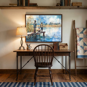 Gullah Geechee art in vintage farmhouse study with antique walnut desk and Windsor chair, Black men and child fishing on dock. Digital mockup.