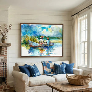 Lowcountry art in farmhouse style with shiplap and brick fireplace, two Black boys fishing in creek watercolor. Digital mockup.