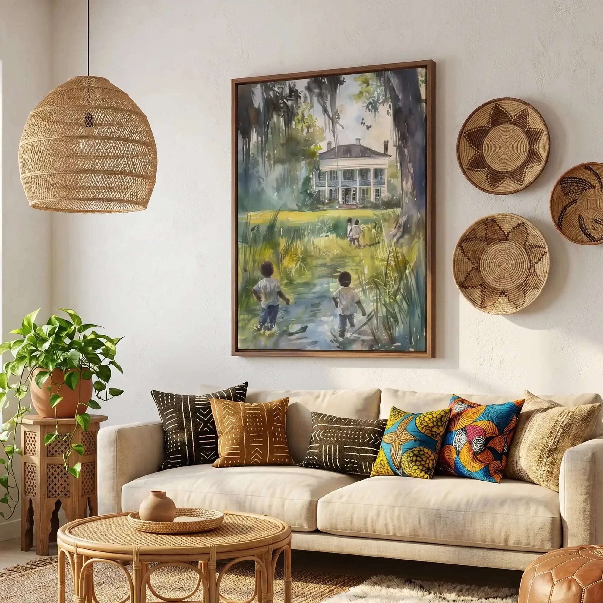 Gullah Geechee lowcountry watercolor in boho living room with African baskets, Black children walking to plantation home. Digital mockup.