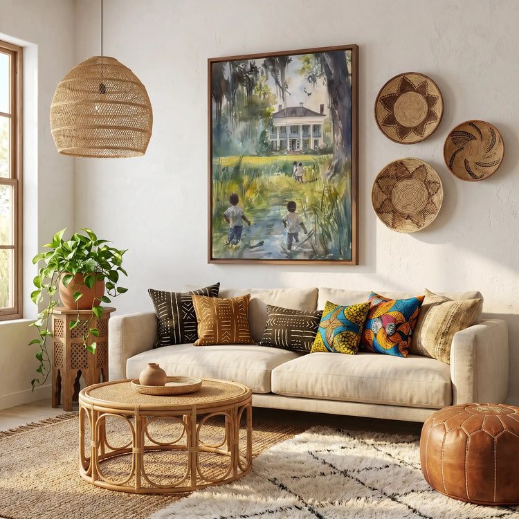 Gullah Geechee lowcountry watercolor above boho living room, woven baskets, ankara pillows. Digital mockup.