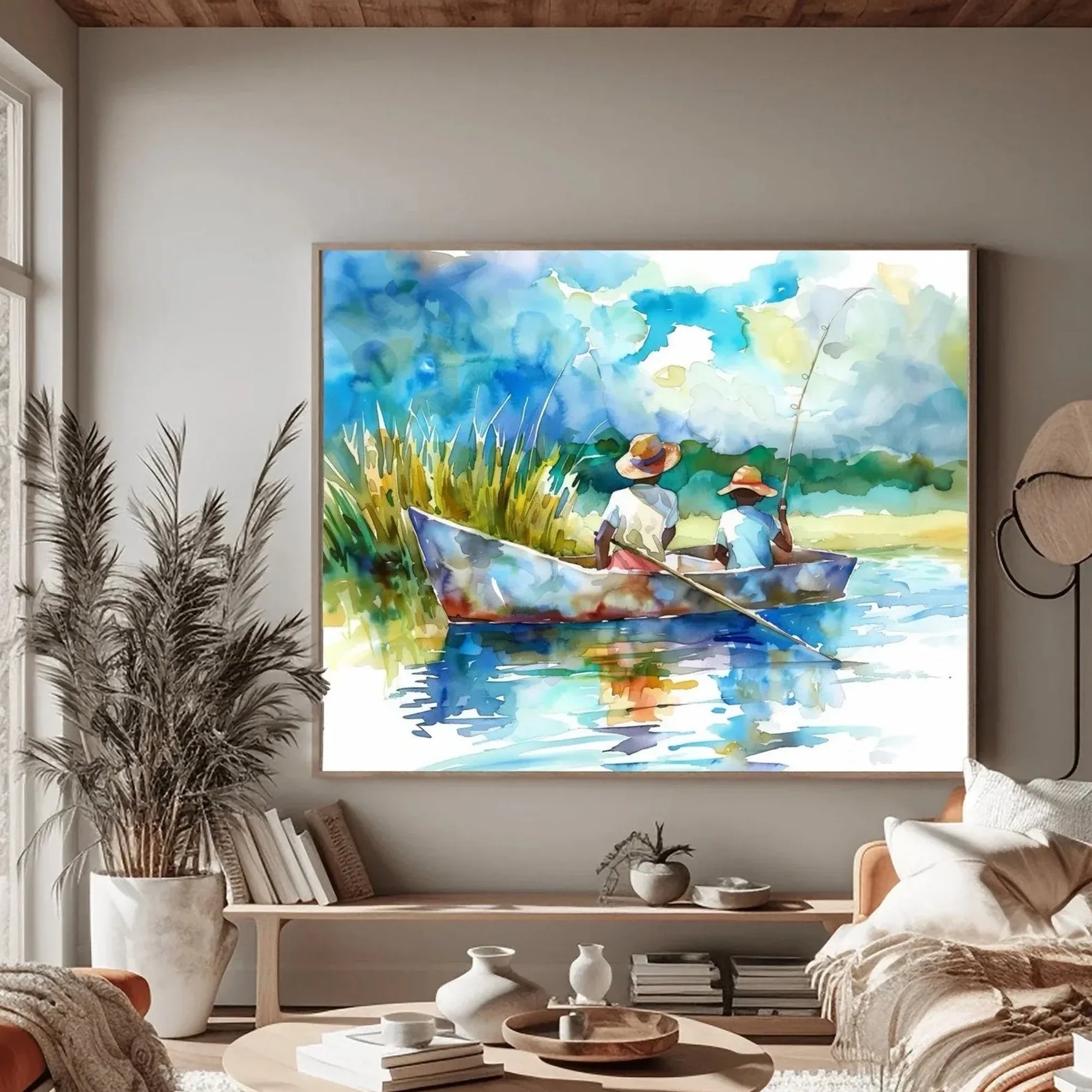 Lowcountry art in coastal living room with ocean view and pampas, two Black boys fishing in creek watercolor. Digital mockup.