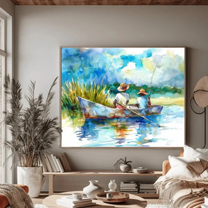 Lowcountry art in coastal living room with ocean view and pampas, two Black boys fishing in creek watercolor. Digital mockup.