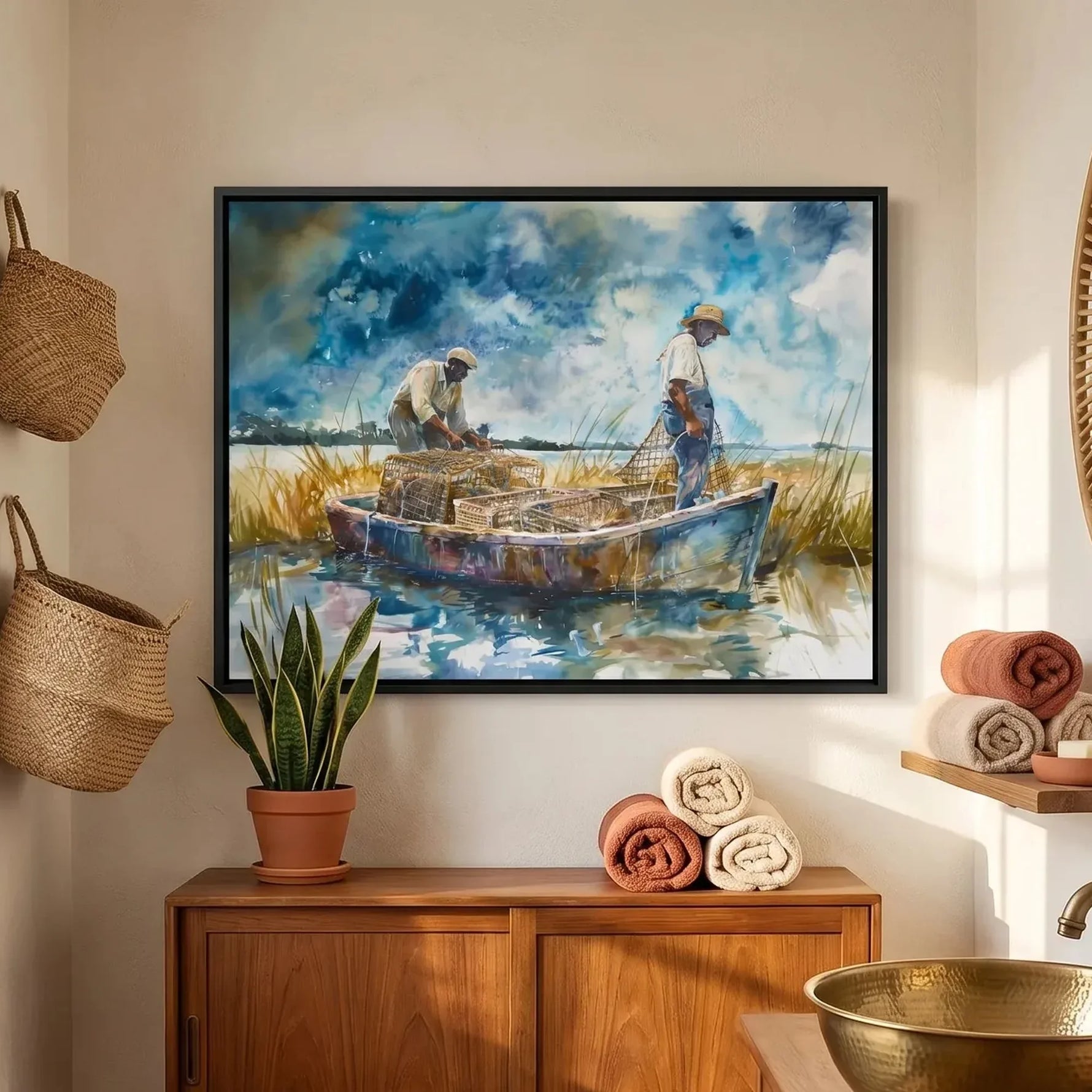 Lowcountry art in boho Mediterranean bathroom with brass sink and rattan mirror, Black men crabbing. Digital mockup.