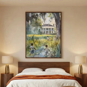 Gullah Geechee art in modern style with walnut platform bed, Black children walking lowcountry watercolor. Digital mockup.