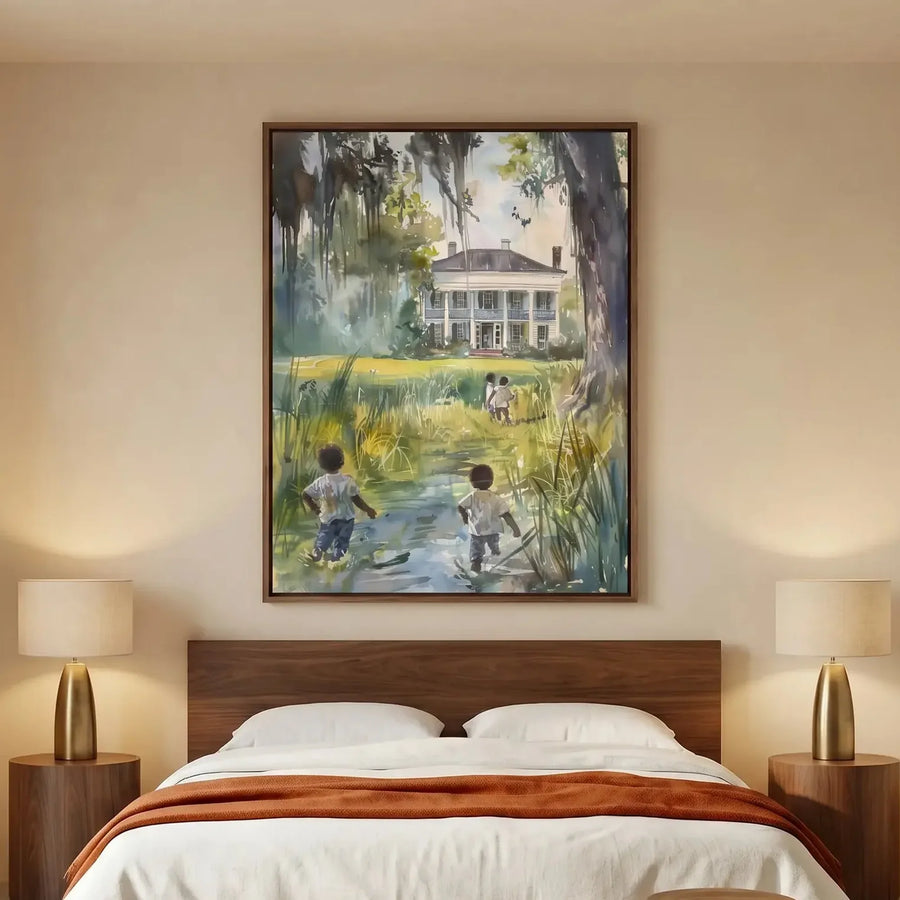 Gullah Geechee art in modern style with walnut platform bed, Black children walking lowcountry watercolor. Digital mockup.