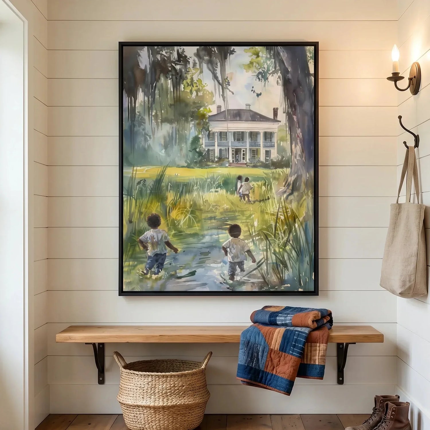 Lowcountry art in farmhouse hallway with shiplap and patchwork throw, Black children lowcountry scene. Digital mockup.
