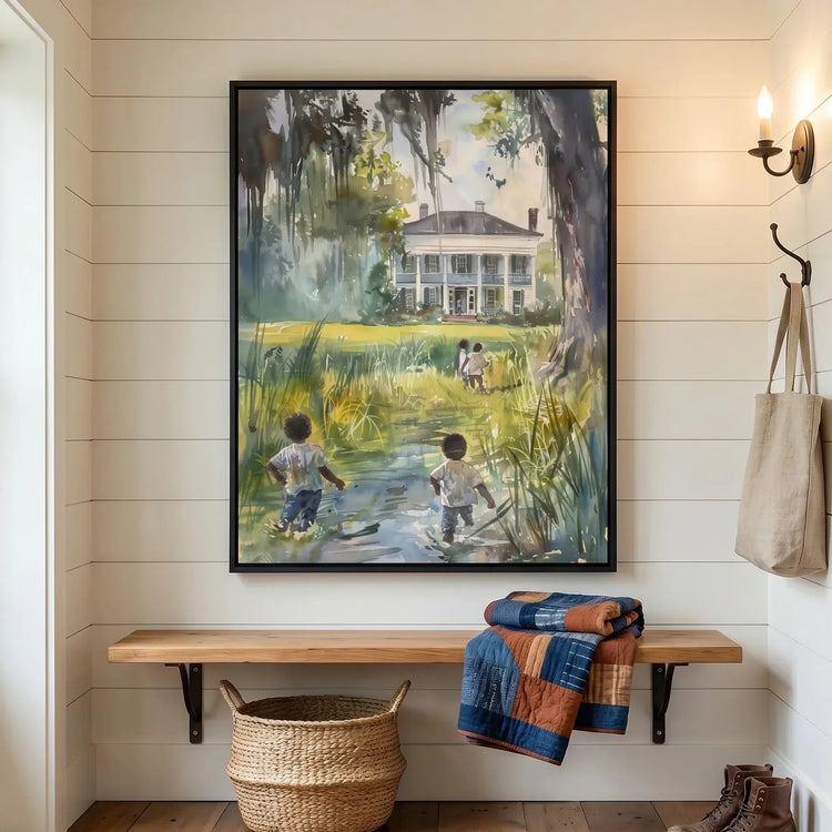 Lowcountry art in farmhouse hallway with shiplap and patchwork throw, Black children lowcountry scene. Digital mockup.