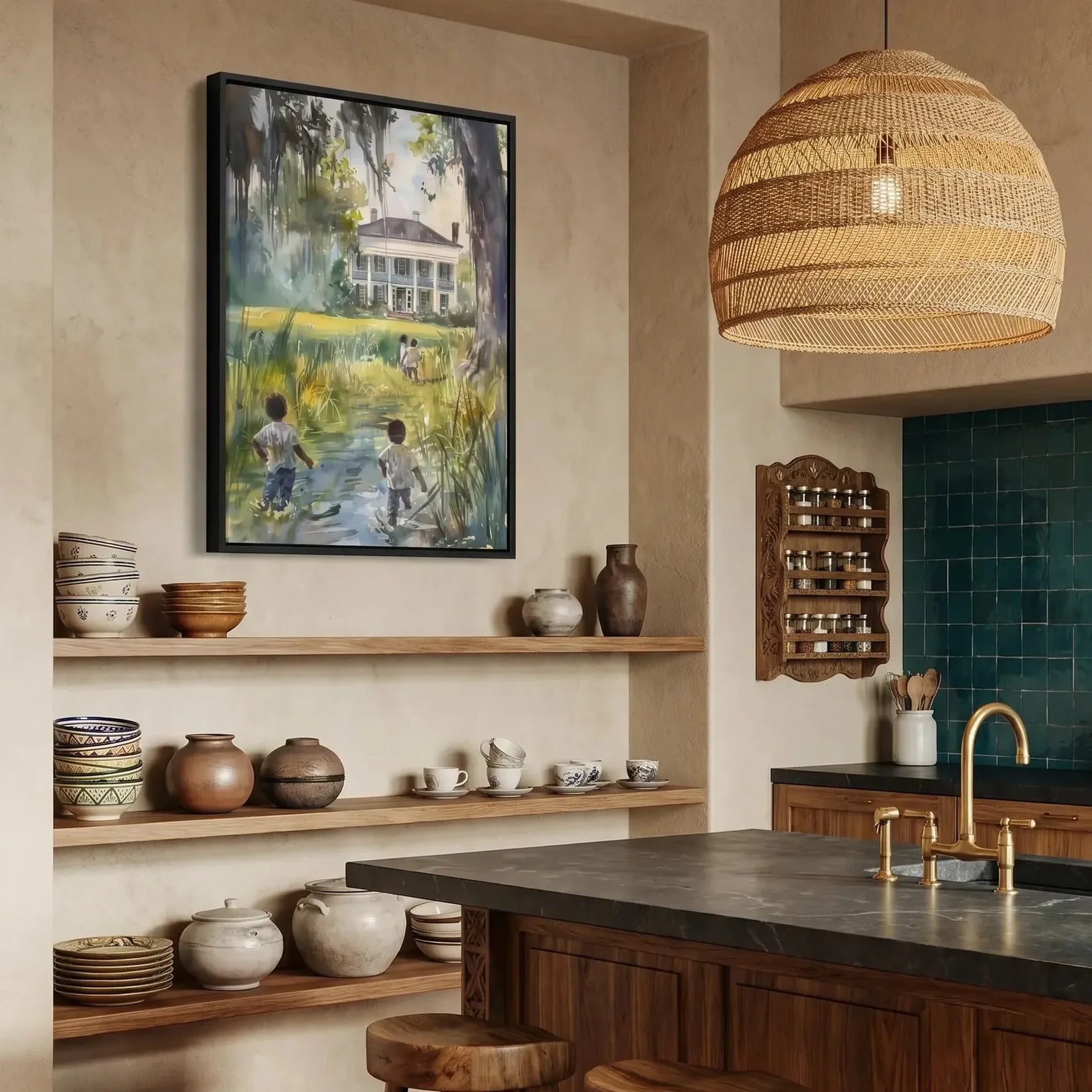 Lowcountry art in Mediterranean kitchen with teal tile, Black children walking lowcountry scene, watercolor. Digital mockup.