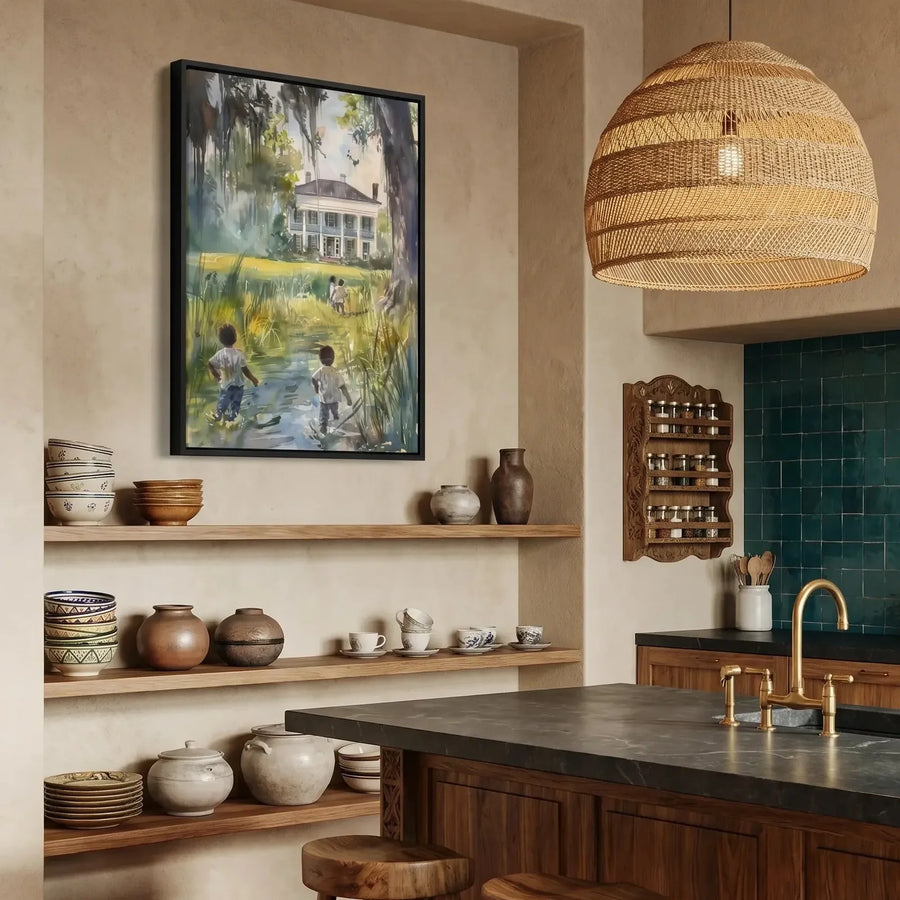 Lowcountry art in Mediterranean kitchen with teal tile, Black children walking lowcountry scene, watercolor. Digital mockup.
