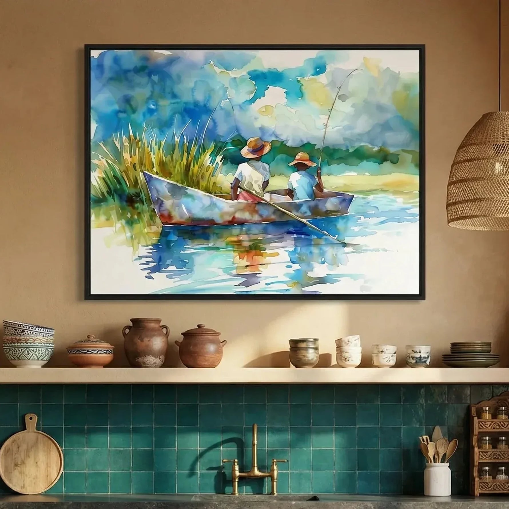 Gullah Geechee art in Mediterranean kitchen with teal Spanish tile, two Black boys fishing creek watercolor. Digital mockup.
