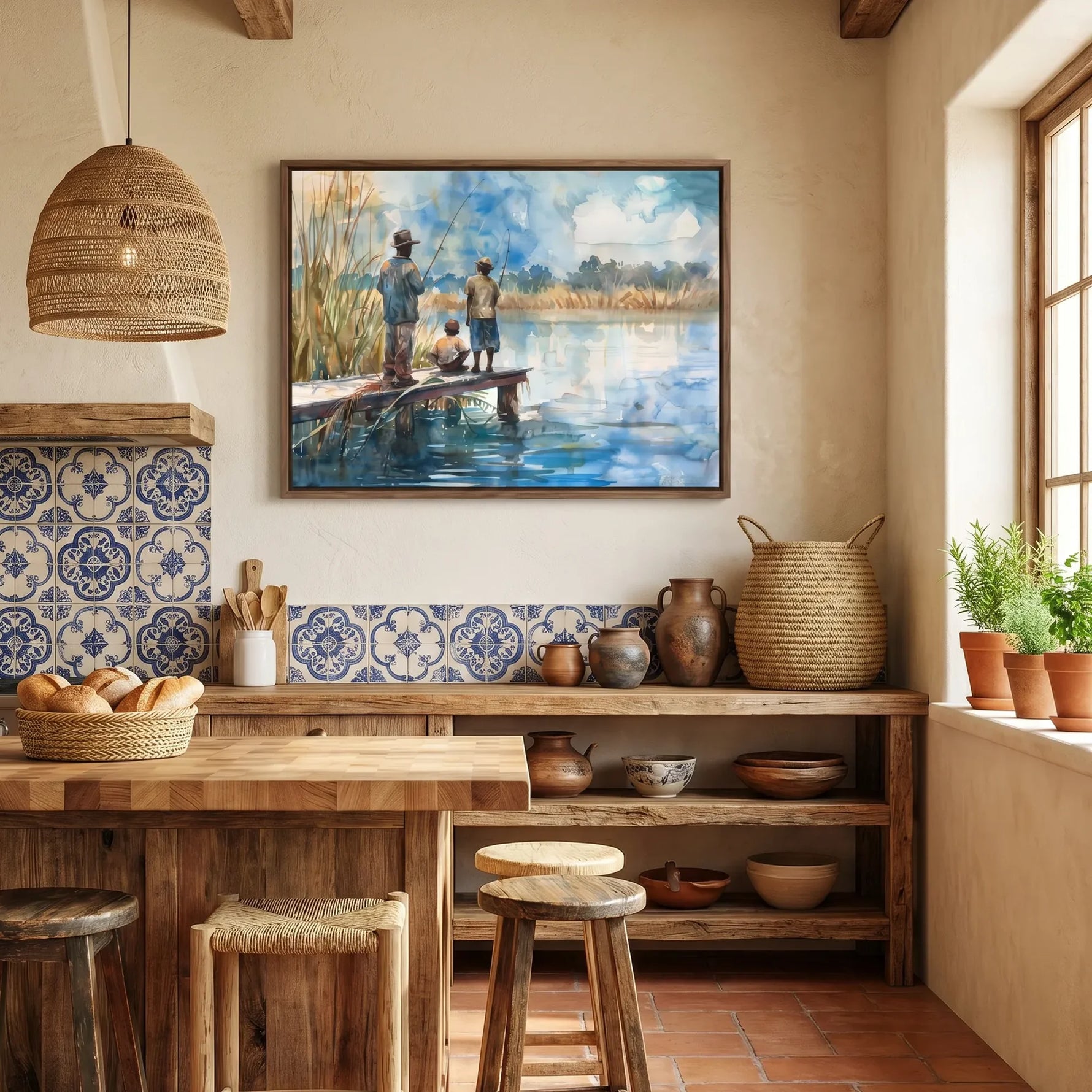 Gullah Geechee art in Mediterranean kitchen with blue Spanish tile and basket pendant, Black men and child fishing on dock. Digital mockup.