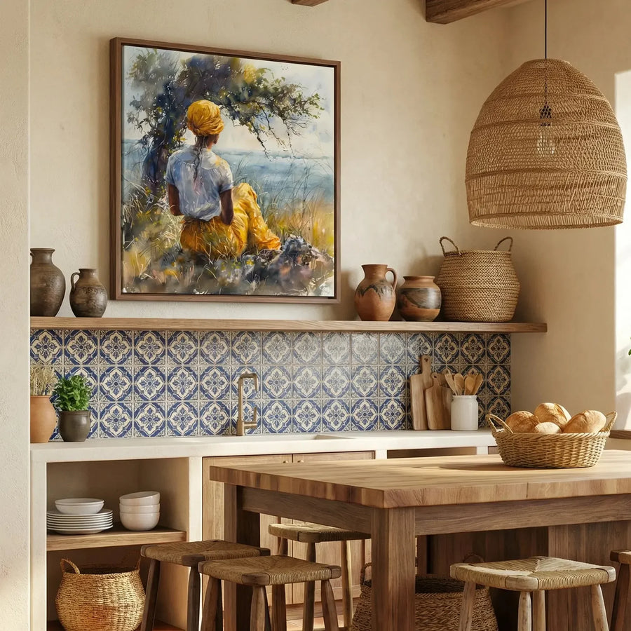 Gullah Geechee art in Mediterranean kitchen with blue tile and rattan pendant, watercolor Black woman by tree. Digital mockup.