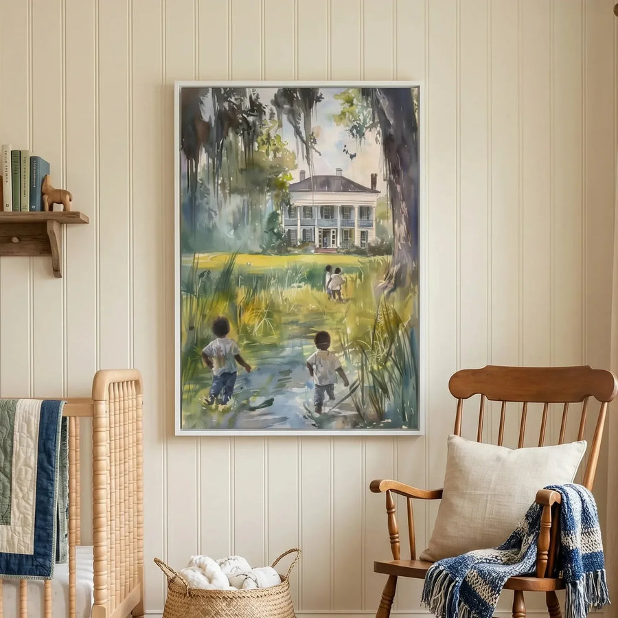 Gullah Geechee art in vintage farmhouse nursery with spindle crib and rocker, Black children lowcountry scene. Digital mockup.