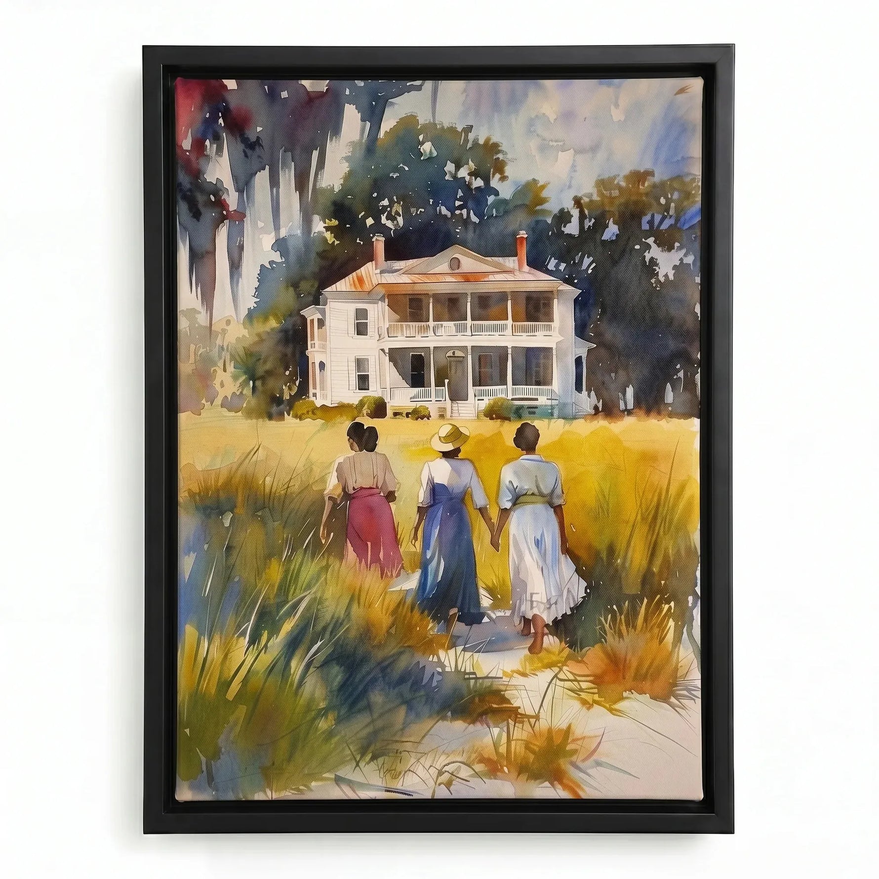 Lowcountry heritage watercolor in black floating frame, three Black women walking through marsh. Digital mockup.