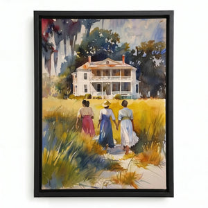 Lowcountry heritage watercolor in black floating frame, three Black women walking through marsh. Digital mockup.