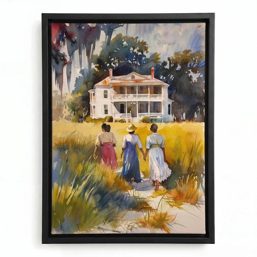 Lowcountry heritage watercolor in black floating frame, three Black women walking through marsh. Digital mockup.