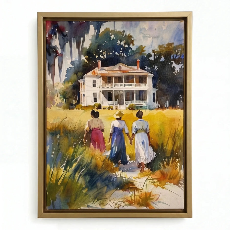 Lowcountry heritage watercolor in gold floating frame, Black women walking to plantation home. Digital mockup.