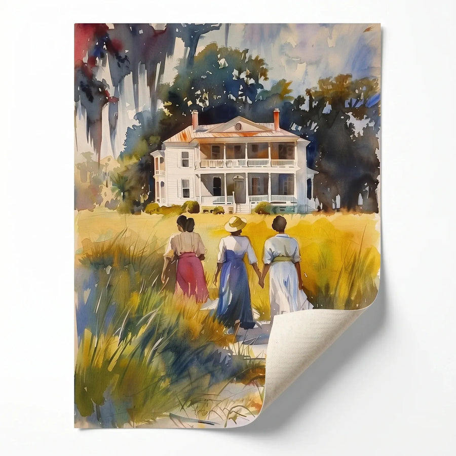 Lowcountry heritage watercolor rolled canvas print ready for custom framing, three Black women walking. Digital mockup.