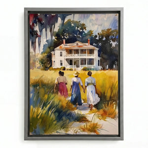 Lowcountry heritage watercolor in silver floating frame, modern watercolor of three Black women walking home. Digital mockup.