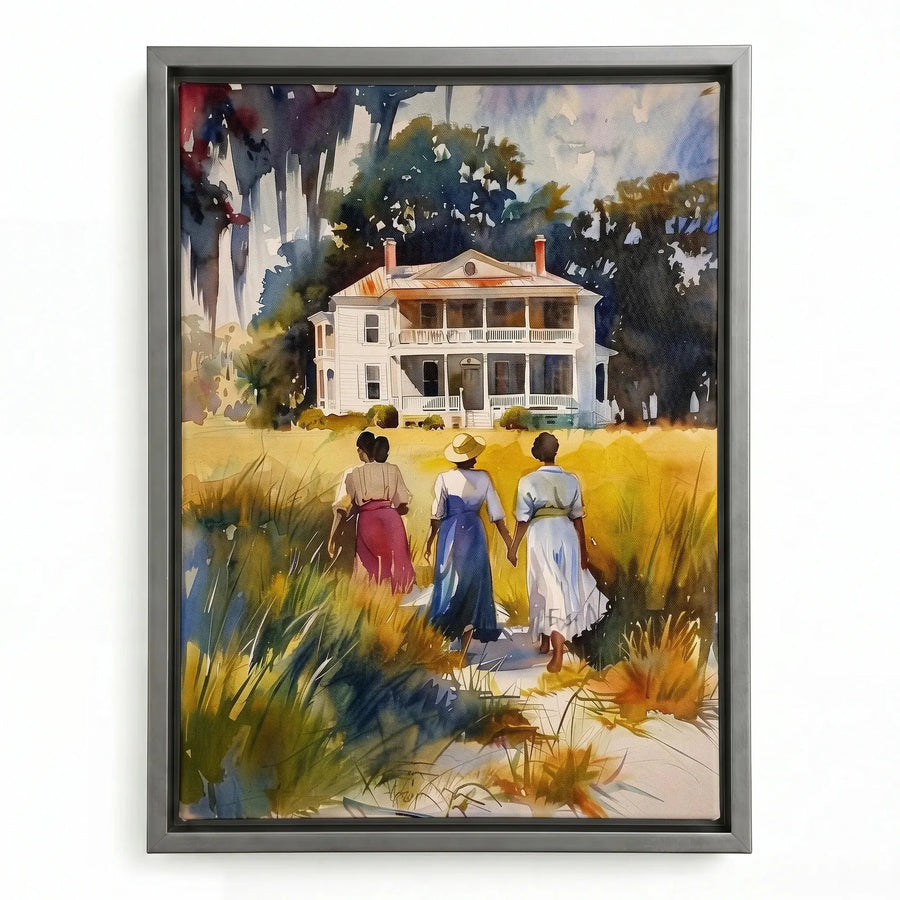 Lowcountry heritage watercolor in silver floating frame, modern watercolor of three Black women walking home. Digital mockup.