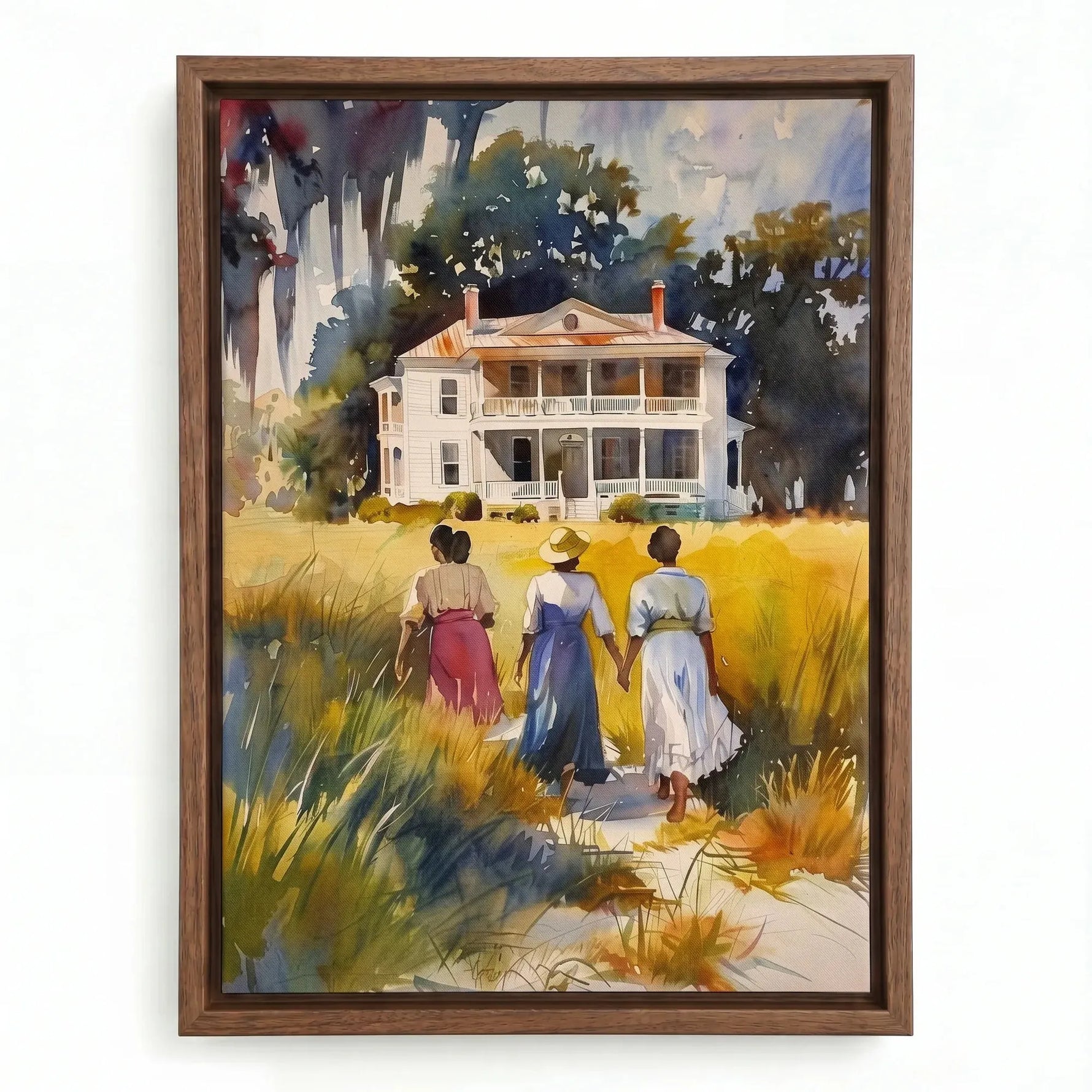 Lowcountry heritage watercolor in walnut floating frame, watercolor heritage scene of three Black women walking home. Digital mockup.