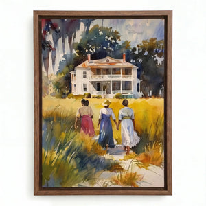 Lowcountry heritage watercolor in walnut floating frame, watercolor heritage scene of three Black women walking home. Digital mockup.
