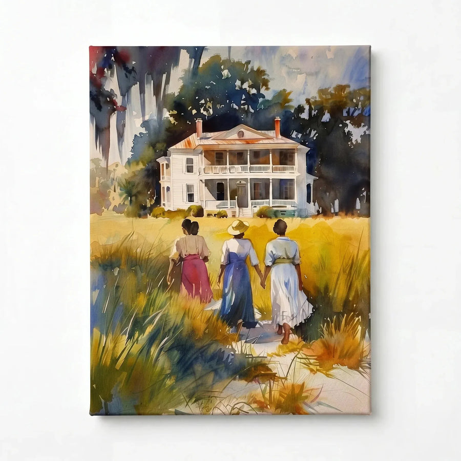Lowcountry heritage watercolor stretched canvas, ready to hang. Watercolor of three Black women walking to home. Digital mockup.