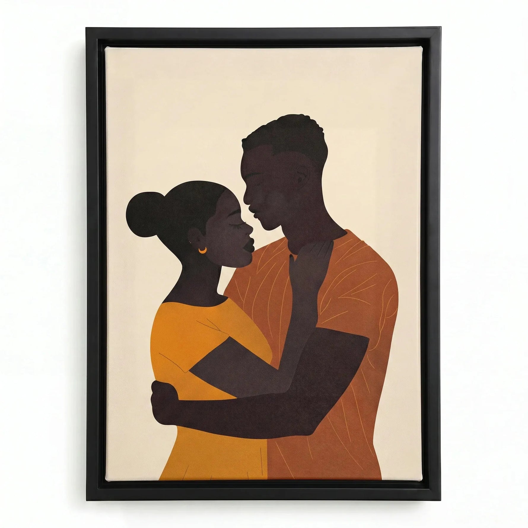 Black love canvas art in black floating frame, minimalist Black couple embrace in mustard and rust illustration. Digital mockup.