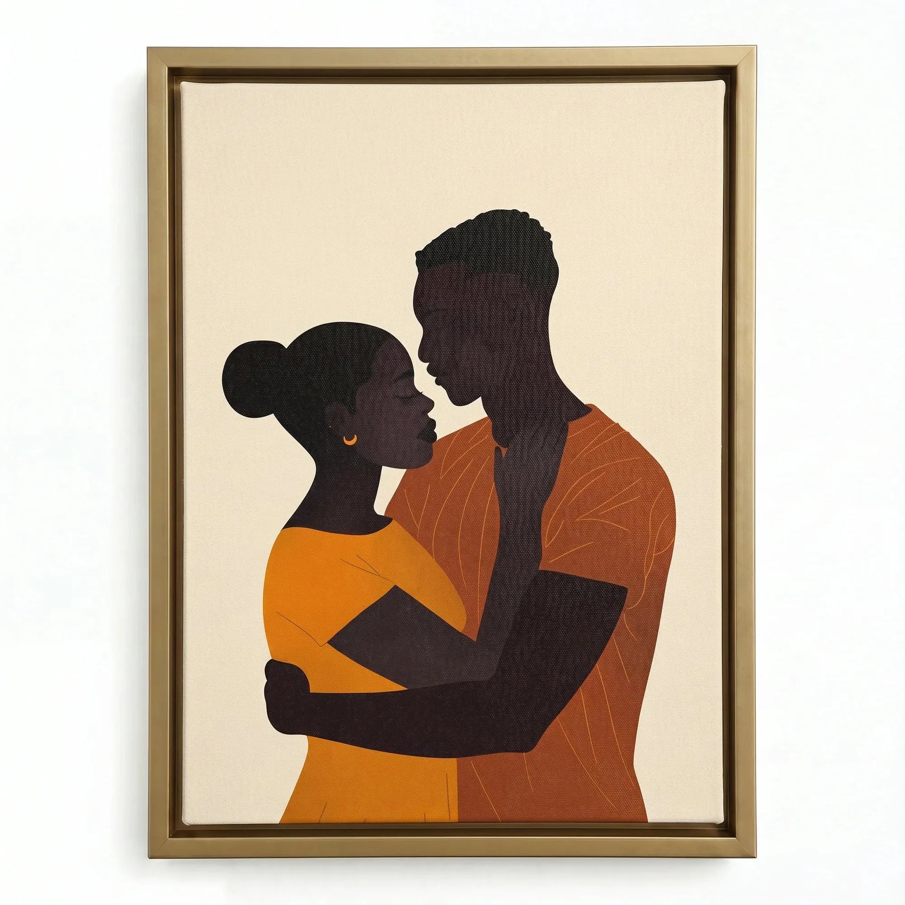 Black love canvas art in gold floating frame, minimalist Black couple embrace in mustard dress and rust shirt, illustration. Digital mockup.