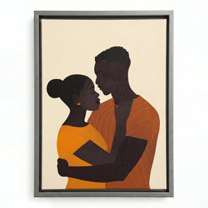 Black love canvas art in silver floating frame, modern minimalist Black couple embrace illustration. Digital mockup.
