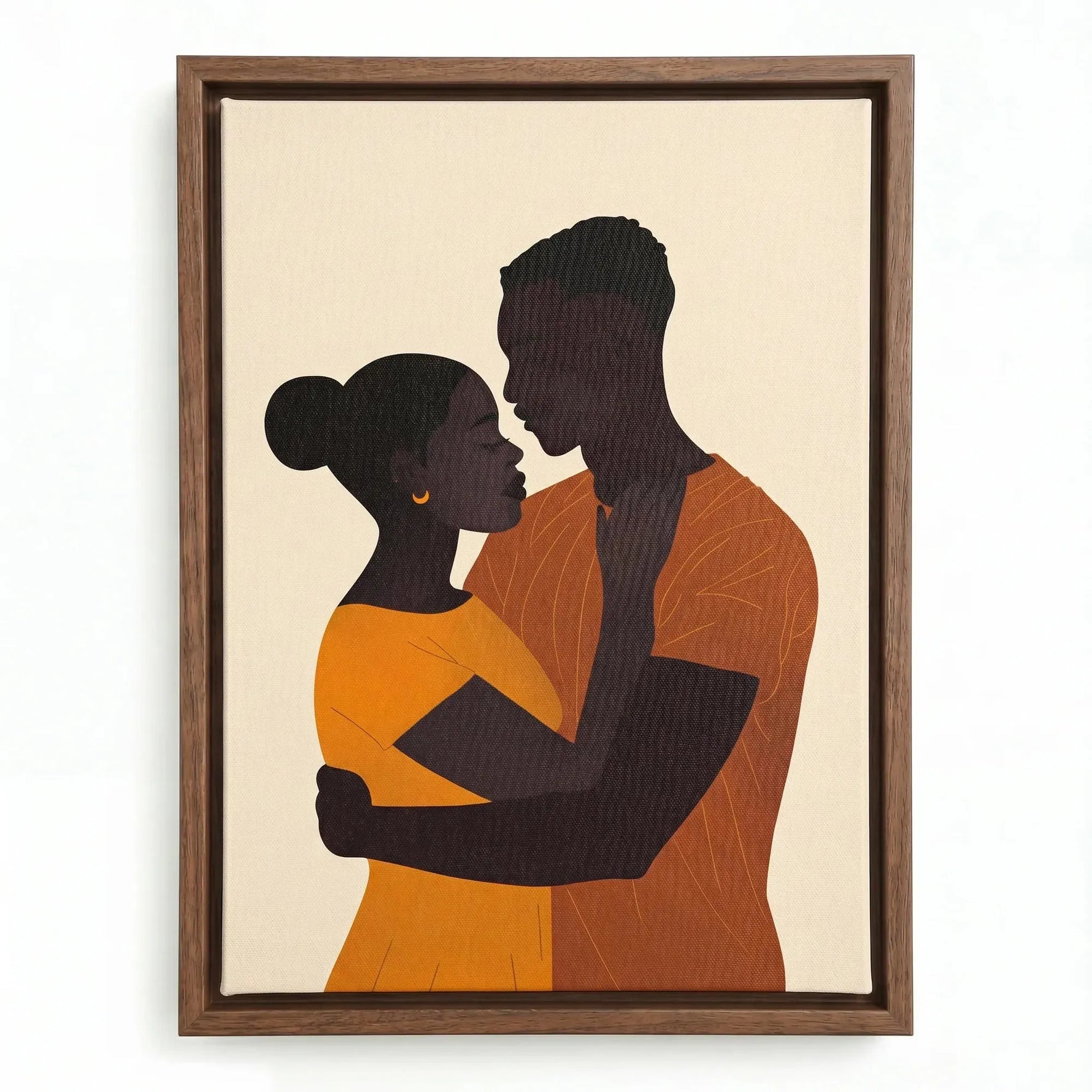 Black love canvas art in walnut floating frame, flat illustration Black couple embracing in mustard and rust. Digital mockup.