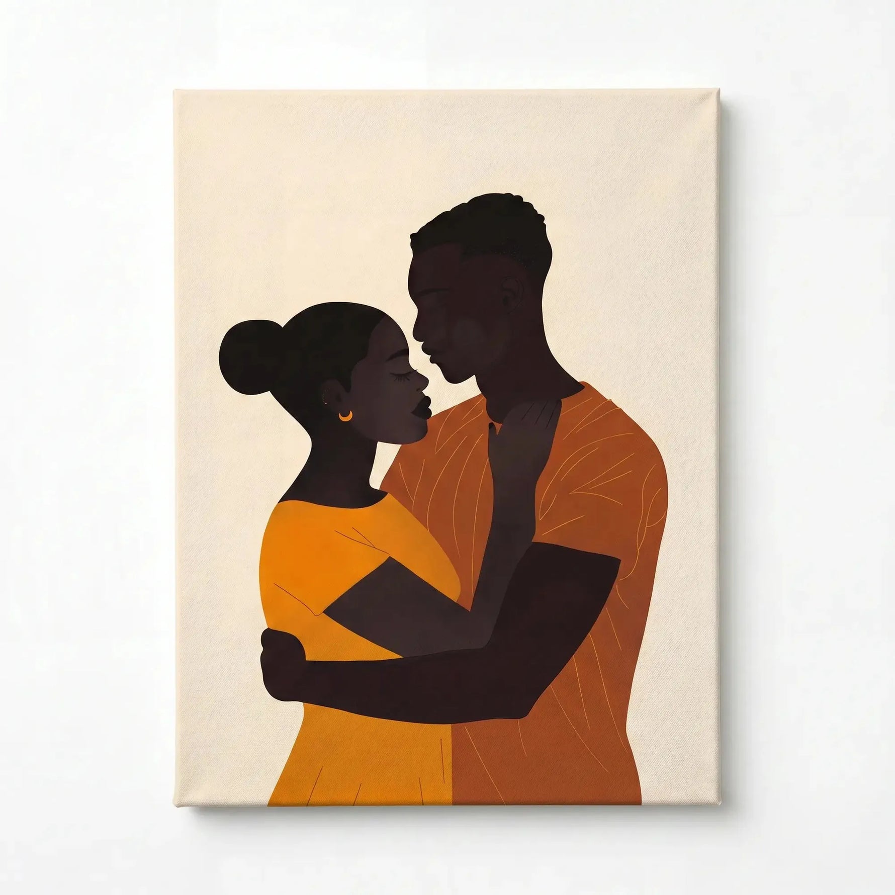 Black love canvas art stretched canvas, ready to hang. Minimalist Black couple embrace in mustard and rust, flat illustration. Digital mockup.