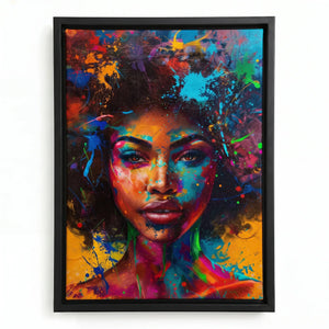 Abstract melanin wall art in black floating frame, vibrant splash-paint Black woman portrait with neon afro. Digital mockup.