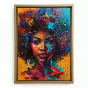 Abstract melanin wall art in gold floating frame, vibrant Black woman portrait with neon paint splash afro. Digital mockup.