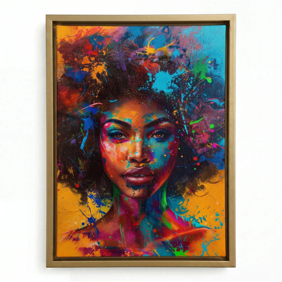 Abstract melanin wall art in gold floating frame, vibrant Black woman portrait with neon paint splash afro. Digital mockup.