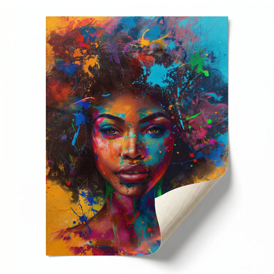 Abstract melanin wall art rolled canvas print ready for custom framing, Black woman portrait with neon splash afro. Digital mockup.