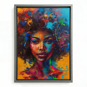 Abstract melanin wall art in silver floating frame, modern splash-paint Black woman portrait with neon afro. Digital mockup.