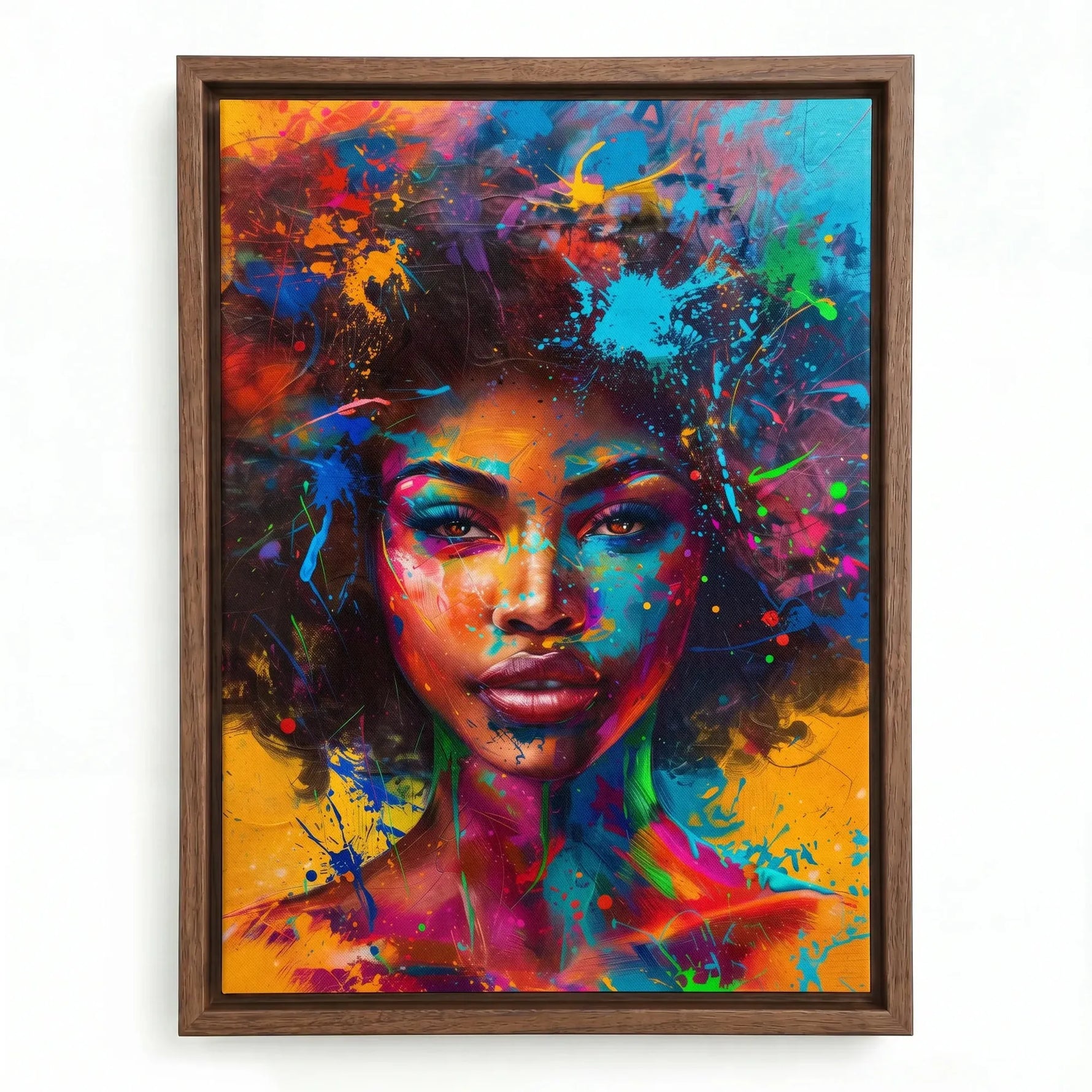 Abstract melanin wall art in walnut floating frame, graffiti style Black woman portrait with neon splatter afro. Digital mockup.