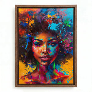 Abstract melanin wall art in walnut floating frame, graffiti style Black woman portrait with neon splatter afro. Digital mockup.