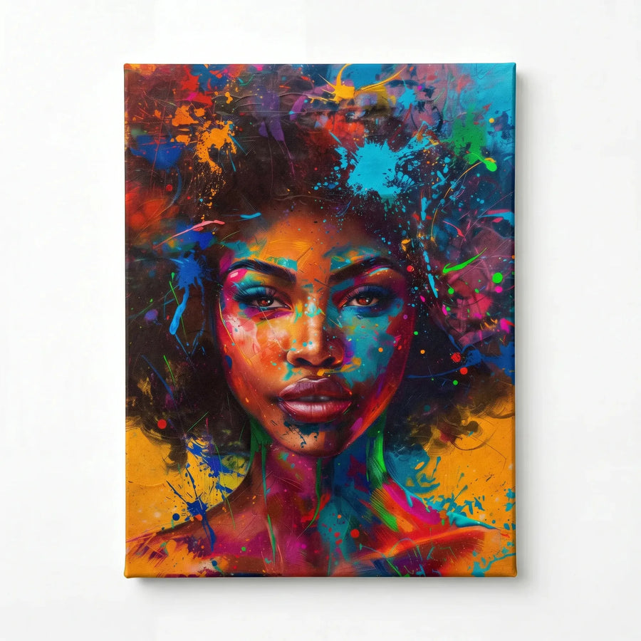Abstract melanin wall art stretched canvas, ready to hang. Splash-paint Black woman portrait with neon afro. Digital mockup.