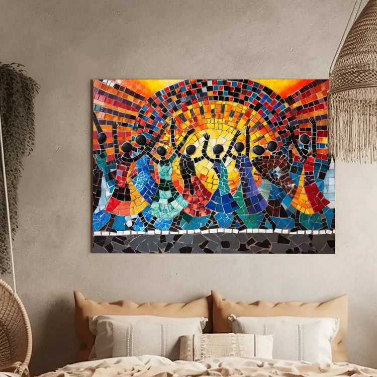 Afrohemian home decor wall art in boho Moroccan bedroom with cane bed and raffia chandelier, mosaic African dancers art. Digital mockup.