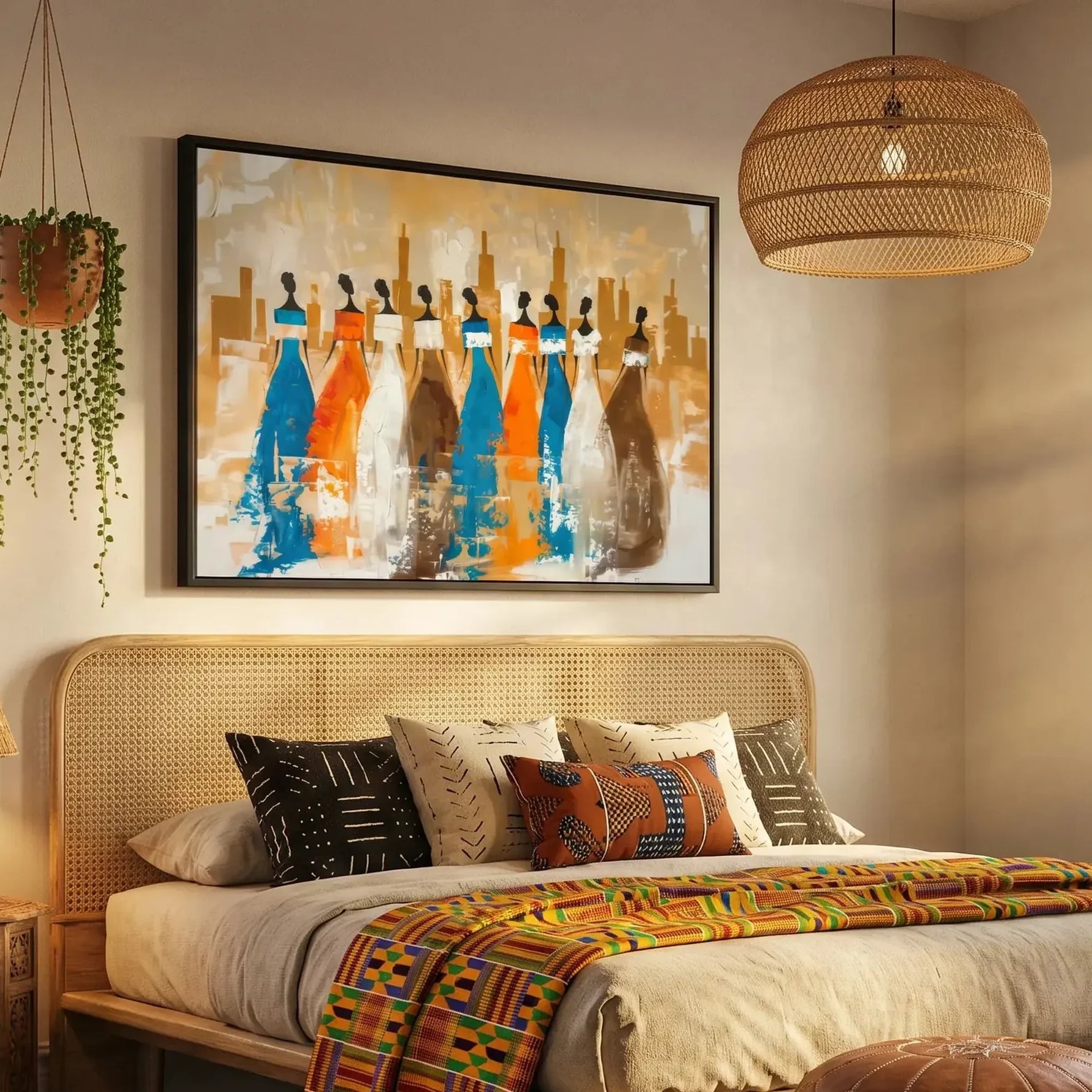 Afrohemian home decor wall art in boho Moroccan bedroom with cane bed and kente runner, African women silhouettes, abstract. Digital mockup.