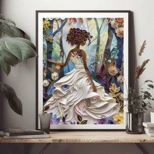 Textured African American art prints detail view, framed paper-quilled Black girl in white ball gown leaning on shelf. Digital mockup.