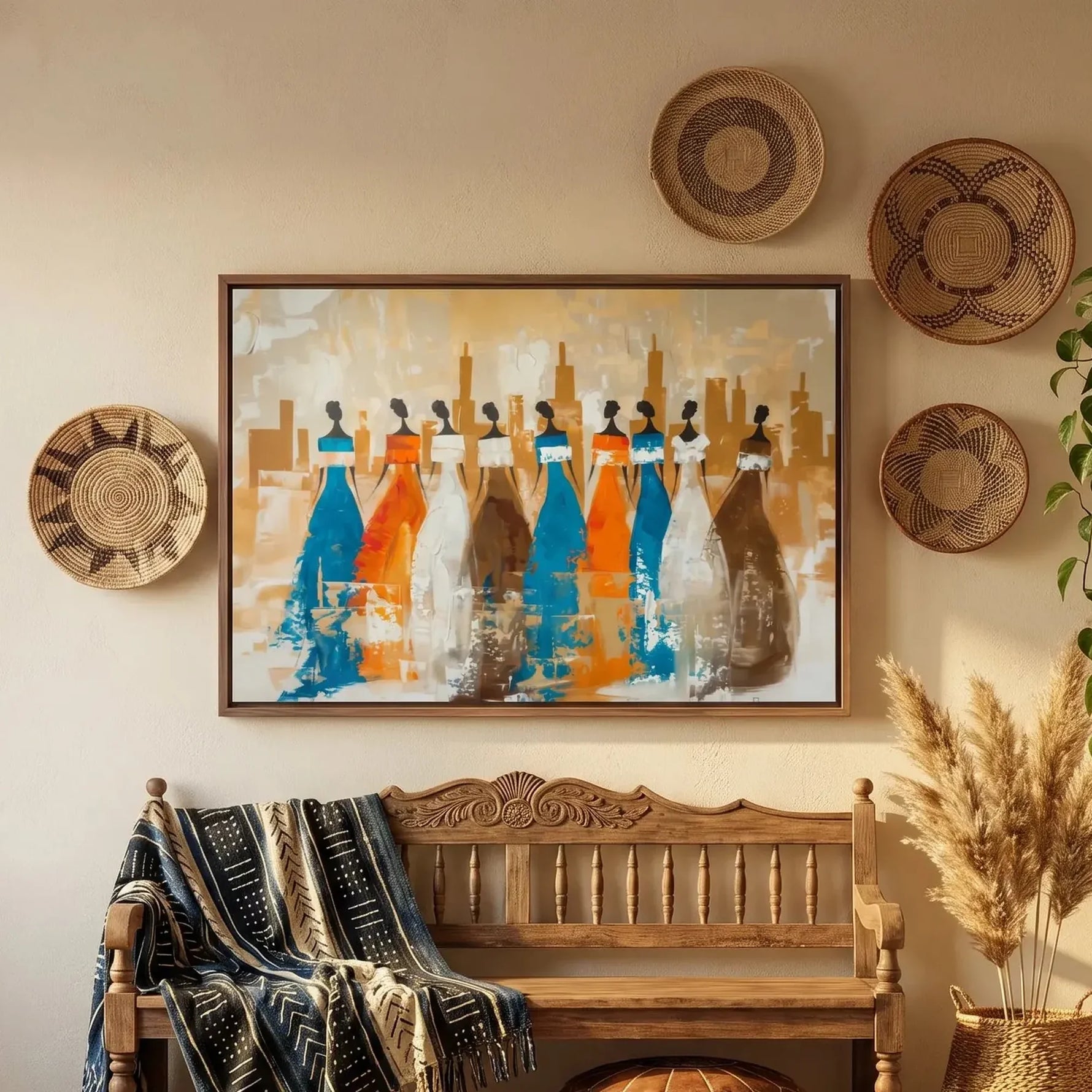 Afrohemian home decor wall art in boho hallway with woven African baskets and antique bench, African women silhouettes. Digital mockup.