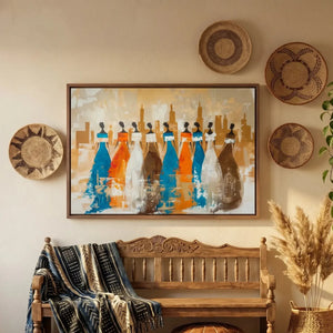 Afrohemian home decor wall art in boho hallway with woven African baskets and antique bench, African women silhouettes. Digital mockup.