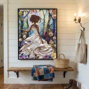 Black farmhouse wall decor in shiplap mudroom with patchwork quilt and woven basket, paper-quilled Black girl art, abstract. Digital mockup.